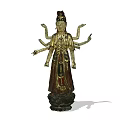 Traditional Intricate Sculpture With Multiple Arms Golden Red Decoration And Carved Base
