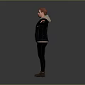 3D Game Movie Character With Red Hair Black Jacket Arms Outstretched Standing Pose