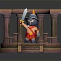 Man in Roman style helmet holding sword on platform with columns and steps