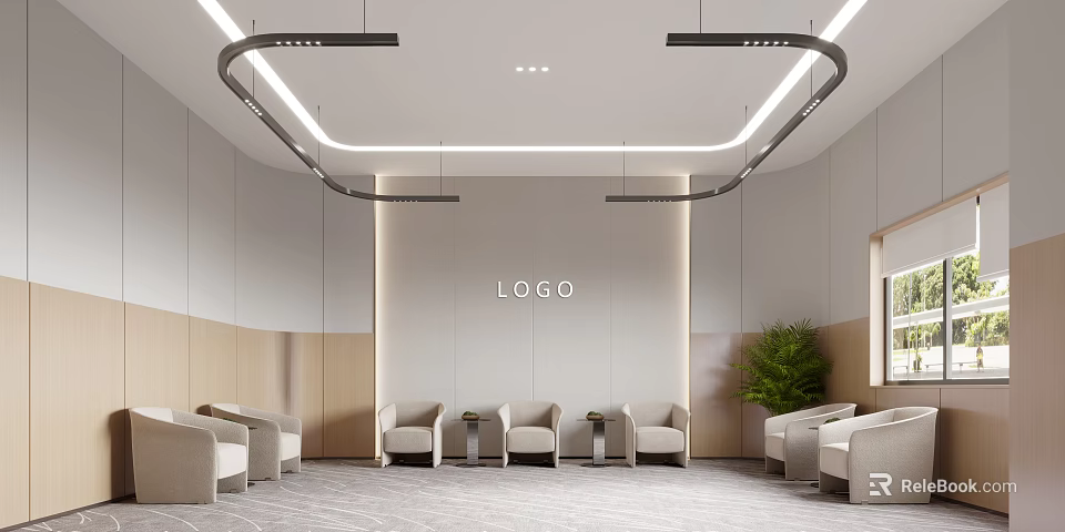 Contemporary Conference Room Interior With Curved Ceiling Lights Light Walls Wooden Paneling And Beige Sofas 3d model 