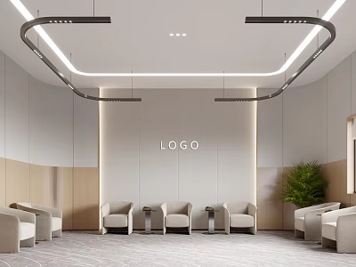 Contemporary Conference Room Interior With Curved Ceiling Lights Light Walls Wooden Paneling And Beige Sofas 3d model