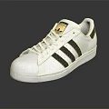 Classic White Sneakers With Black Stripes Gold Logo And Casual Design
