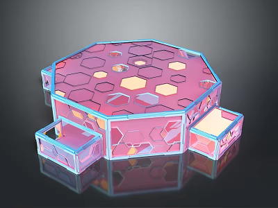 Cartoon Scene Featuring Pink And Blue Hexagonal Structure With Honeycomb Pattern And Transparent Cubes 3d model