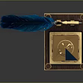 Elegant Inkwell And Quill Pen As Daily Life Supplies With Gold Decoration And Wooden Base