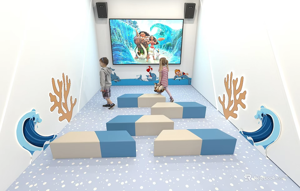 Kindergarten Indoor Play Area With Kids Ocean Theme Blue White Seats And Animation Screen 3d model 