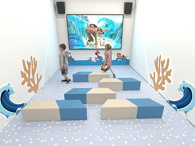 Kindergarten Indoor Play Area With Kids Ocean Theme Blue White Seats And Animation Screen 3d model