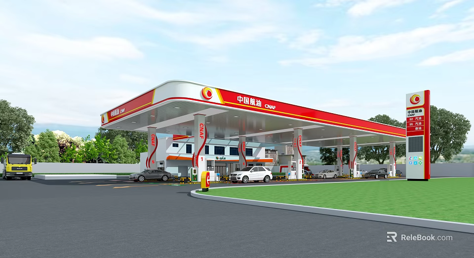 Modern China Energy Gas Station Exterior With Fuel Pumps And Vehicles On Lawn 3d model 