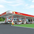 Modern China Energy Gas Station Exterior With Fuel Pumps And Vehicles On Lawn