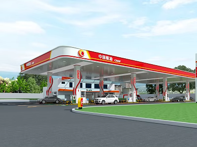 Modern China Energy Gas Station Exterior With Fuel Pumps And Vehicles On Lawn 3d model