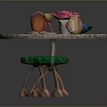 Round Wooden Outdoor Table Decorated With Green Leaf Shaped Stools Pink Flower Mug And Plates