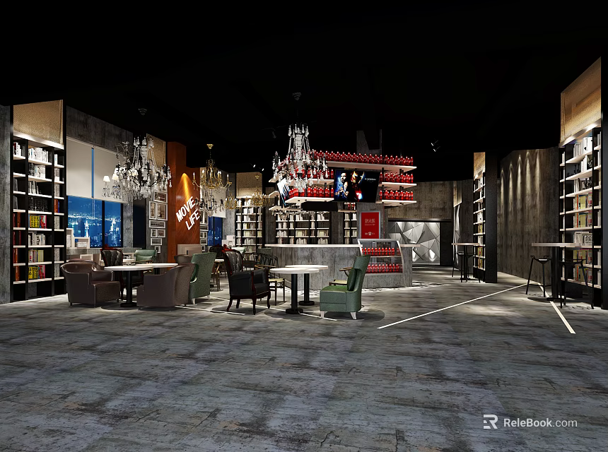 Stylish Bar Interior Design With Bookshelves Chandeliers And Comfortable Tables 3d model 