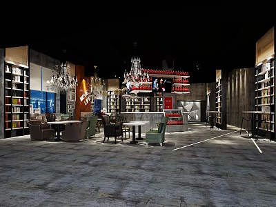 Stylish Bar Interior Design With Bookshelves Chandeliers And Comfortable Tables 3d model