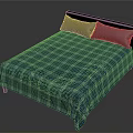 Bedroom Bed With Blue Plaid Bedspread Two Gray Pillows And Black Headboard