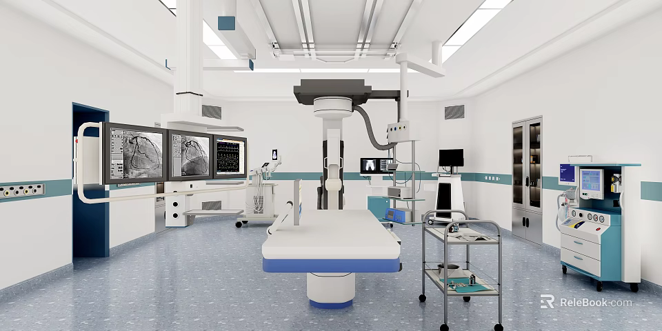 Modern Operating Room Interior With Surgical Table Medical Displays And Equipment Carts 3d model 