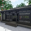 Ancient Architecture with Intricate Carved Doors Windows Stone Steps Front Statue and Surrounding Trees