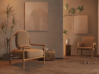 Warm Toned Leisure Chair With Palm Plants And Decorative Painting On Wooden Floor 3d model