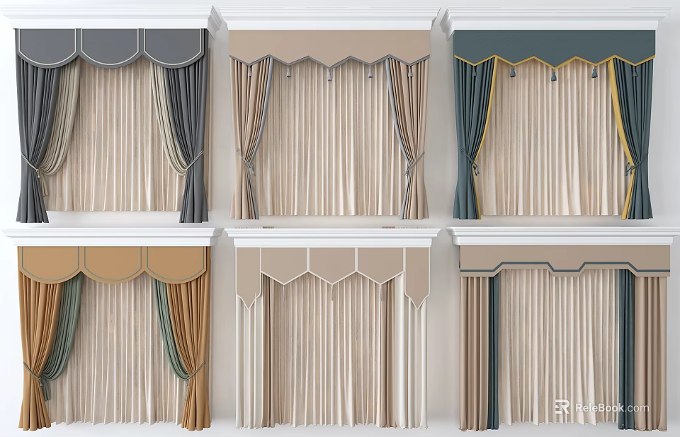 Different Style Long Curtains with Multiple Colors and Decorative Valance Top Designs 3d model