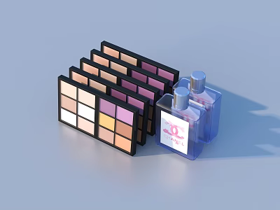 Neatly Arranged Colorful Eyeshadow Palettes And Transparent Perfume Bottles As Daily Essentials 3d model