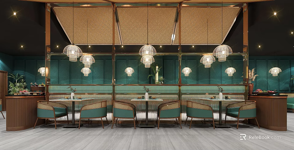 Modern Restaurant Interior Design With Green Walls Gold Accents Glass Pendant Lights And Green Chairs 3d model 