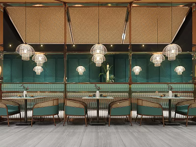 Modern Restaurant Interior Design With Green Walls Gold Accents Glass Pendant Lights And Green Chairs 3d model