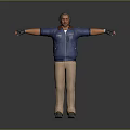 Man With Arms Outstretched Wearing Blue Jacket Beige Pants And Black Gloves