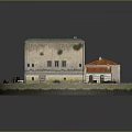 Traditional Building Model With Red Tile Roof Gray Structure Small Path Lawn Boats Street Lamps