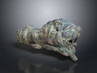 Ancient Bronze Beast Head Decorative Component With Intricate Carvings And Aged Patina 3d model