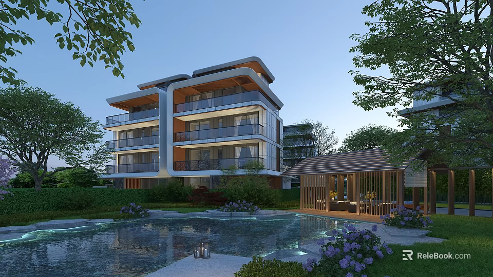 Luxurious Semi Detached Villa With Multi Storey Multiple Balconies Swimming Pool Gazebo And Greenery 3d model 