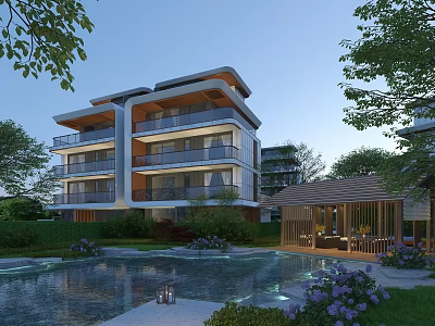 Luxurious Semi Detached Villa With Multi Storey Multiple Balconies Swimming Pool Gazebo And Greenery 3d model