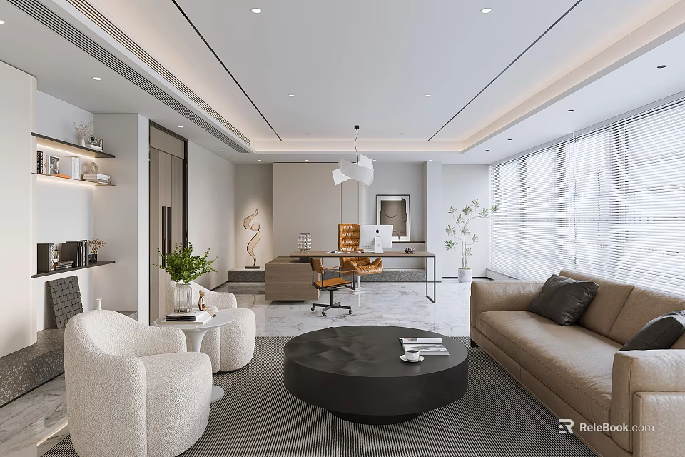 Modern Office Interior Design With Sofa Desk Plants And Floor To Ceiling Windows 3d model