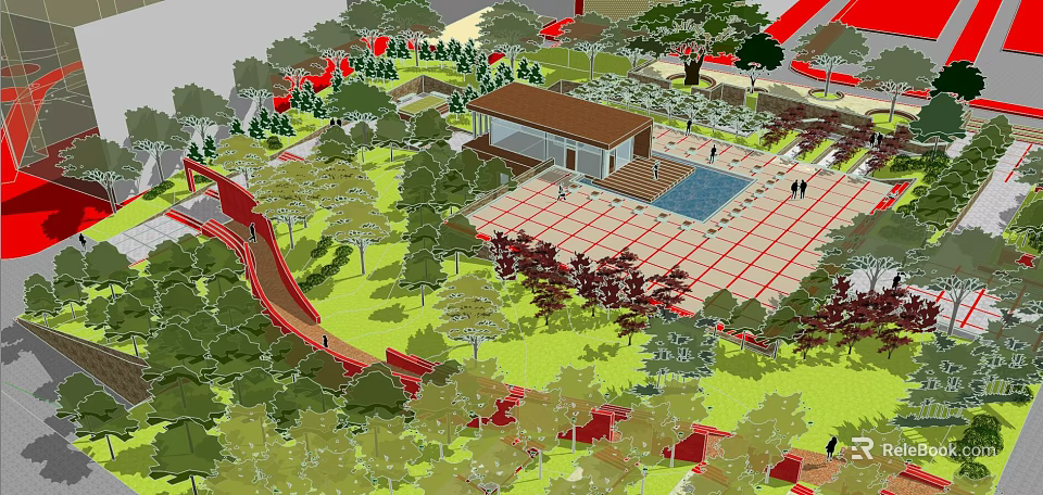 Lush Green Park Landscape Design With Multiple Trees Pavilion Pool And Red Pathways 3d model