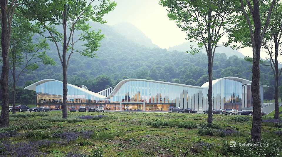 Modern Visitor Center With Glass Facade Wavy Roof Green Grassland Trees And Distant Mountains 3d model 