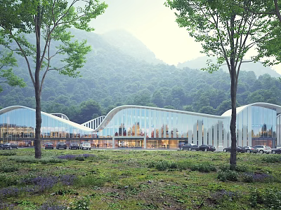 Modern Visitor Center With Glass Facade Wavy Roof Green Grassland Trees And Distant Mountains 3d model