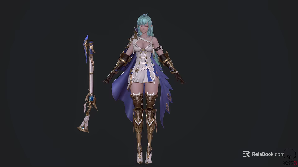Game and Movie Character With Teal Hair White Gold Outfit Purple Cape Ornate Long Sword 3d model 