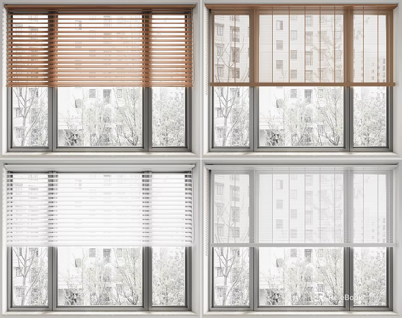Wooden and White Venetian Blinds Decorating Windows with Urban Background View 3d model 