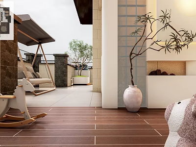 Relaxing Roof Garden Design With Rocking Horse Swing Potted Plant And Wooden Flooring 3d model