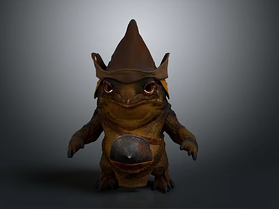3D Fantasy Animal Character With Big Eyes Wearing Brown Spiked Hat And Armored Body 3d model