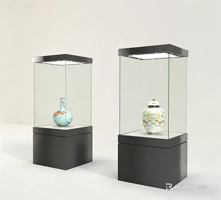 Glass Display Showcase With Black Base Top Lighting And Antique Vase Decorative Jar 3d model 