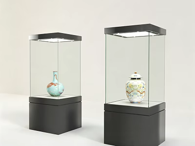 Glass Display Showcase With Black Base Top Lighting And Antique Vase Decorative Jar 3d model