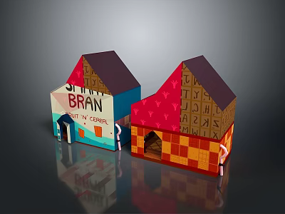 Two Colorful Handmade Paper Houses With Letters BRAN Story Great And Small Figures 3d model