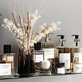 Modern Bathroom Accessories On Shelves With Hair Dryer Skincare Bottles Towels And Dried Flowers