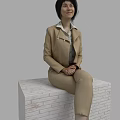 Woman Wearing Beige Suit and Light Shirt Sitting on White Brick Platform with Gray Background