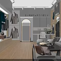 Modern Elegant Clothing Store With Suits Coats Display Racks Wooden Flooring Sofa Coffee Table