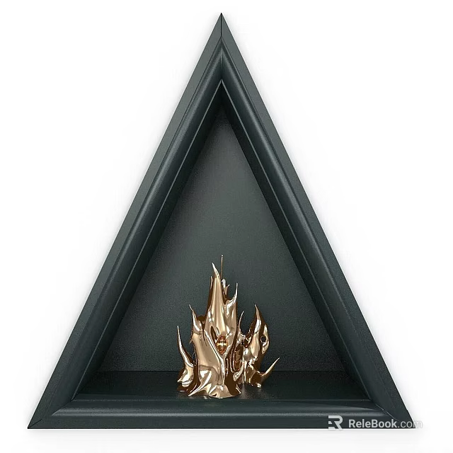 Triangular Fireplace With Black Frame And Dark Background Featuring Golden Flames 3d model