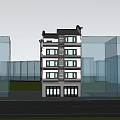 Multi Storey Modern Chinese Style Building With Gray White Exterior Wooden Decorations And Street Trees