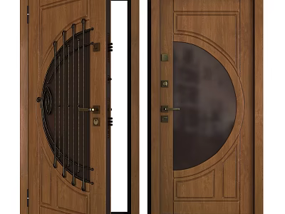 Wooden Swing Door With Metal Decor And Round Glass Panel Design 3d model