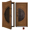 Wooden Swing Door With Metal Decor And Round Glass Panel Design