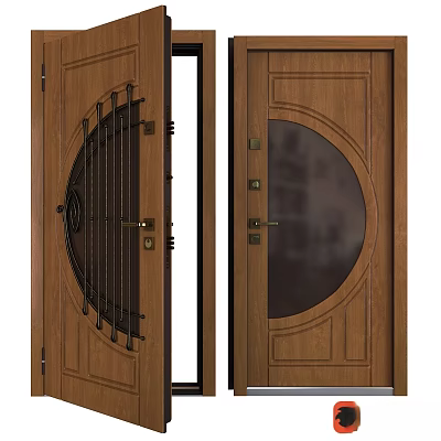 Wooden Swing Door With Metal Decor And Round Glass Panel Design 3d model