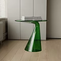 Stylish Modern Side Table With Green Spiral Base And Transparent Glass Top Design