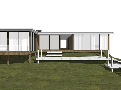 Modern Wooden House With Large Glass Windows And Wooden Structure On Green Lawn 3d model